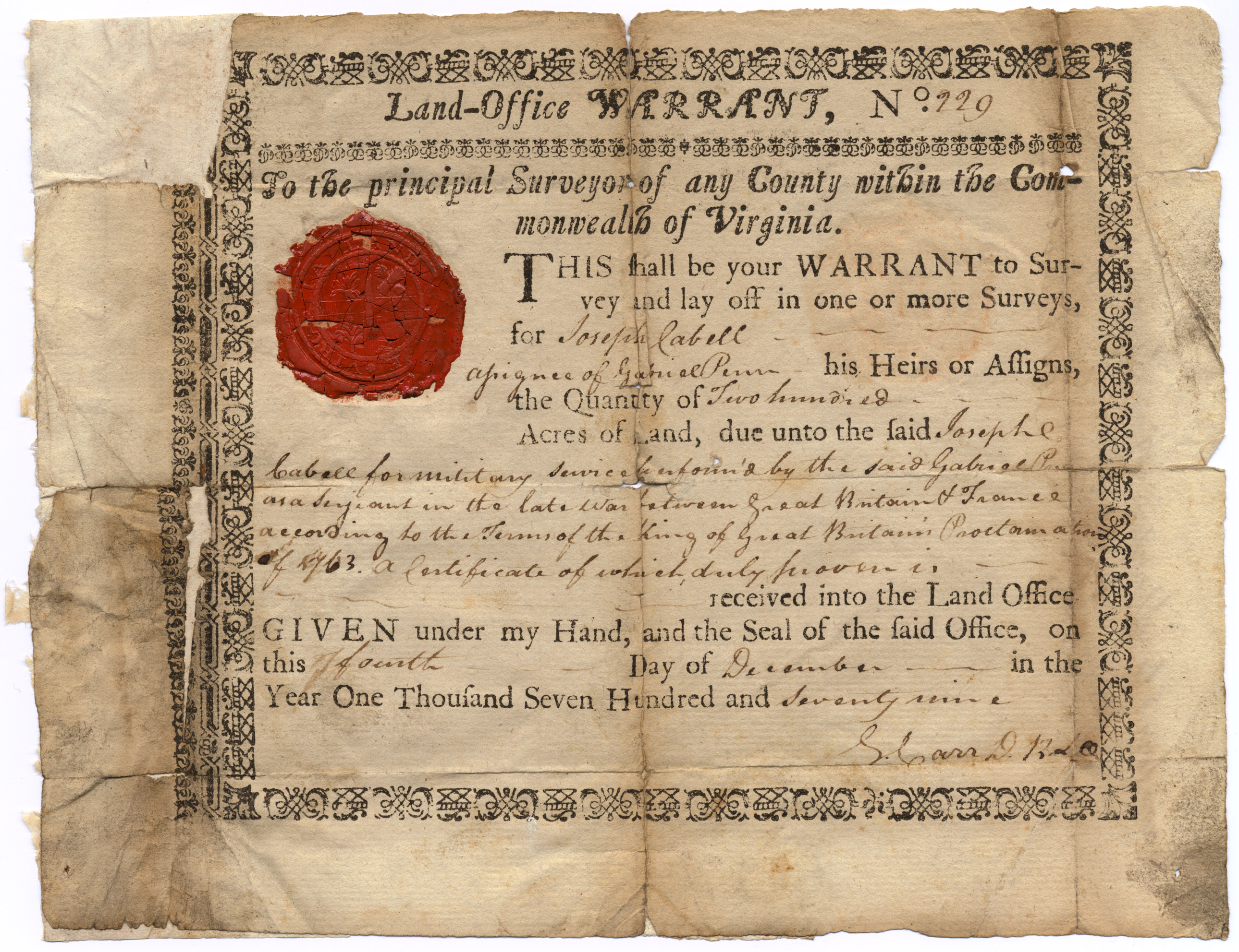 Virginia_Land_Office_Warrant_Number_229_to_Joseph_Cabell_for_Gabriel_Penn