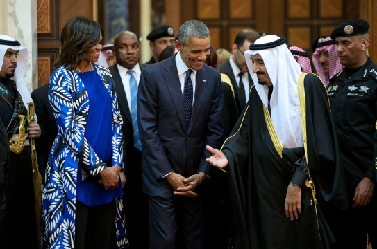 President Barack Obama and First Lady Michelle Obama walk with King Salman bin Abdulaziz of Saudi Arabia at Erga Palace in Riyadh, Saudi Arabia, Jan. 27, 2015. (Official White House Photo by Pete Souza)

This official White House photograph is being made available only for publication by news organizations and/or for personal use printing by the subject(s) of the photograph. The photograph may not be manipulated in any way and may not be used in commercial or political materials, advertisements, emails, products, promotions that in any way suggests approval or endorsement of the President, the First Family, or the White House.